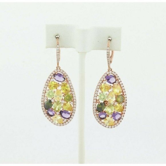 Rose Gold over Sterling Silver Multi Color Cz Earrings Dangle Drop Earrings - Picture 4 of 7